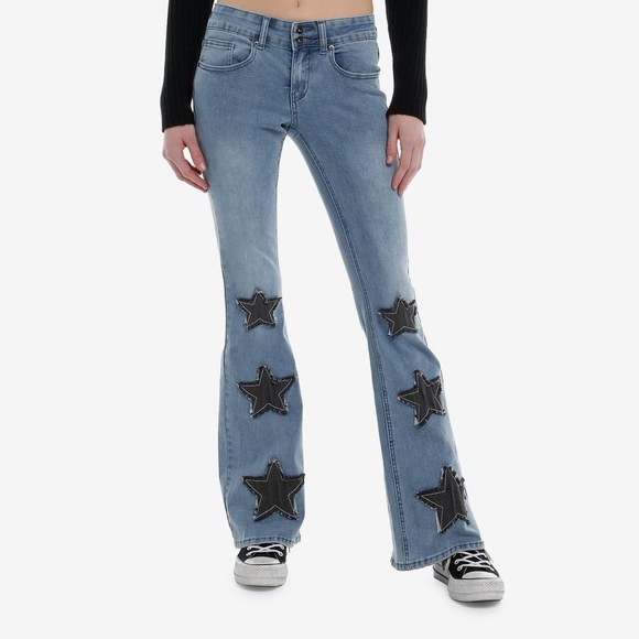 Hot Topic Denim - Hot Topic Blue Flare Jeans Black Star Patches Mall Goth Punk Alt Raw Edge